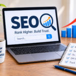 SEO optimization illustration with keyword research and website analytics